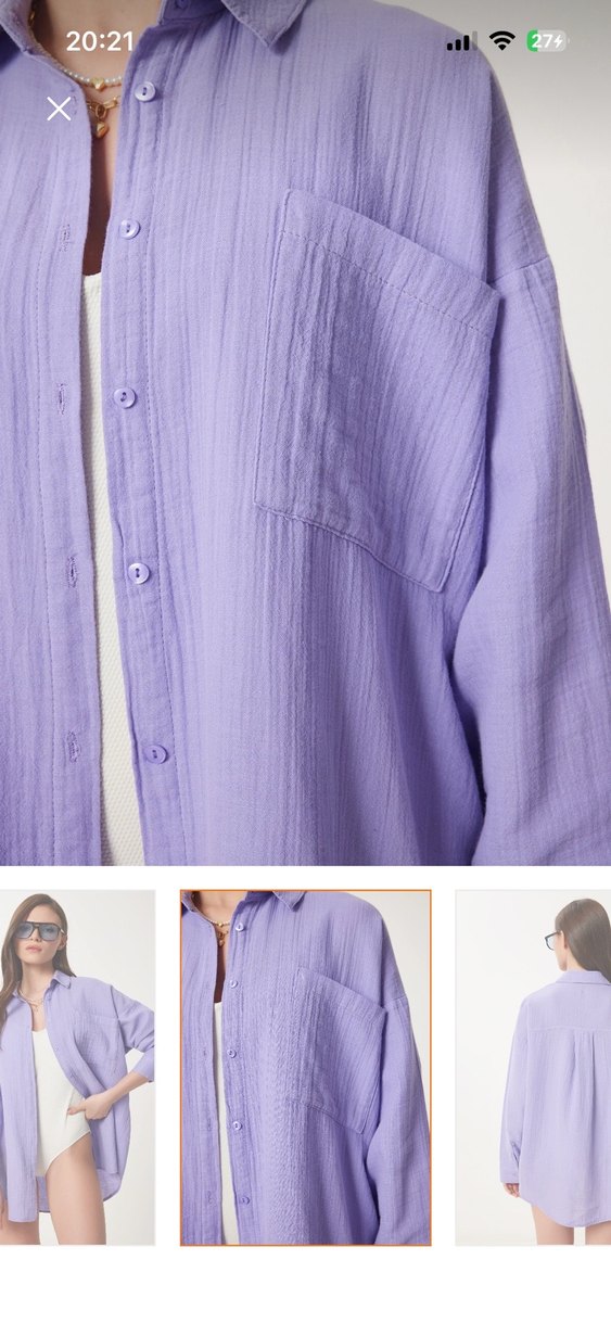 Mor V Yaka Pamuklu Gömlek - Görsel 2