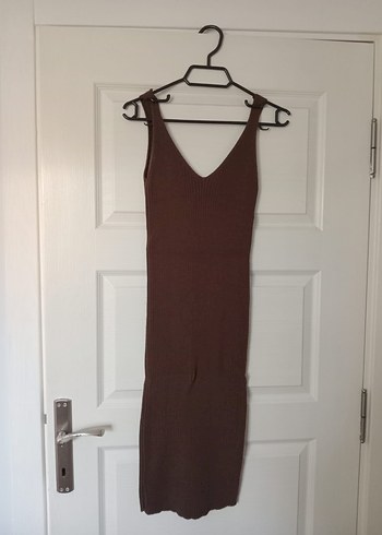 Uzun Kollu Kahverengi Örgü Elbise - Görsel 2