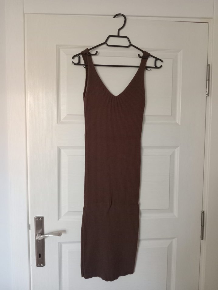 Uzun Kollu Kahverengi Örgü Elbise - Görsel 2