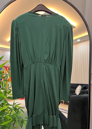Uzun Kollu Drapeli Yeşil V Yaka Elbise - Görsel 4
