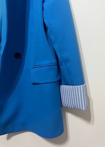 Mavi Düğmeli Uzun Kadın Blazer Ceket - Görsel 2
