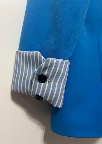 Mavi Düğmeli Uzun Kadın Blazer Ceket - Görsel 3