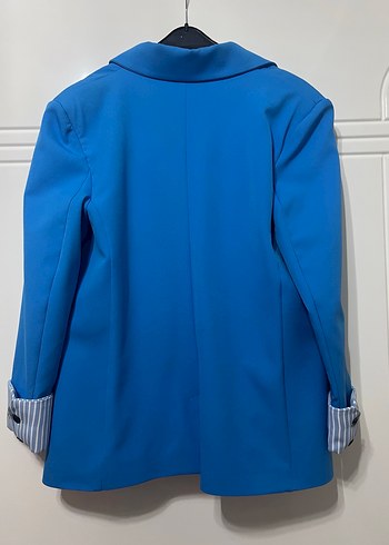Mavi Düğmeli Uzun Kadın Blazer Ceket - Görsel 4