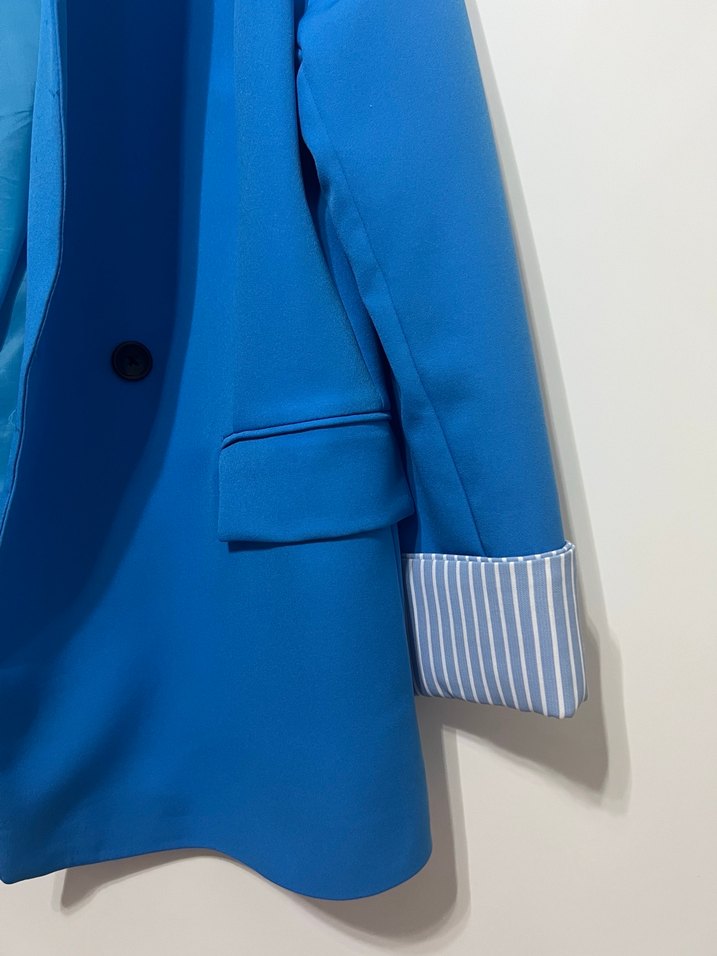 Mavi Düğmeli Uzun Kadın Blazer Ceket - Görsel 2