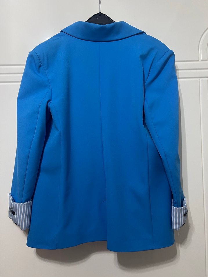 Mavi Düğmeli Uzun Kadın Blazer Ceket - Görsel 4
