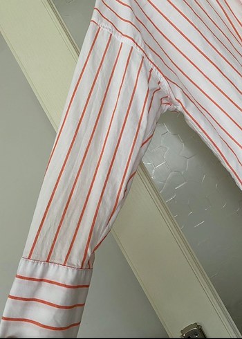 Düğmeli Kırmızı Çizgili Kadın Keten Gömlek - Görsel 3