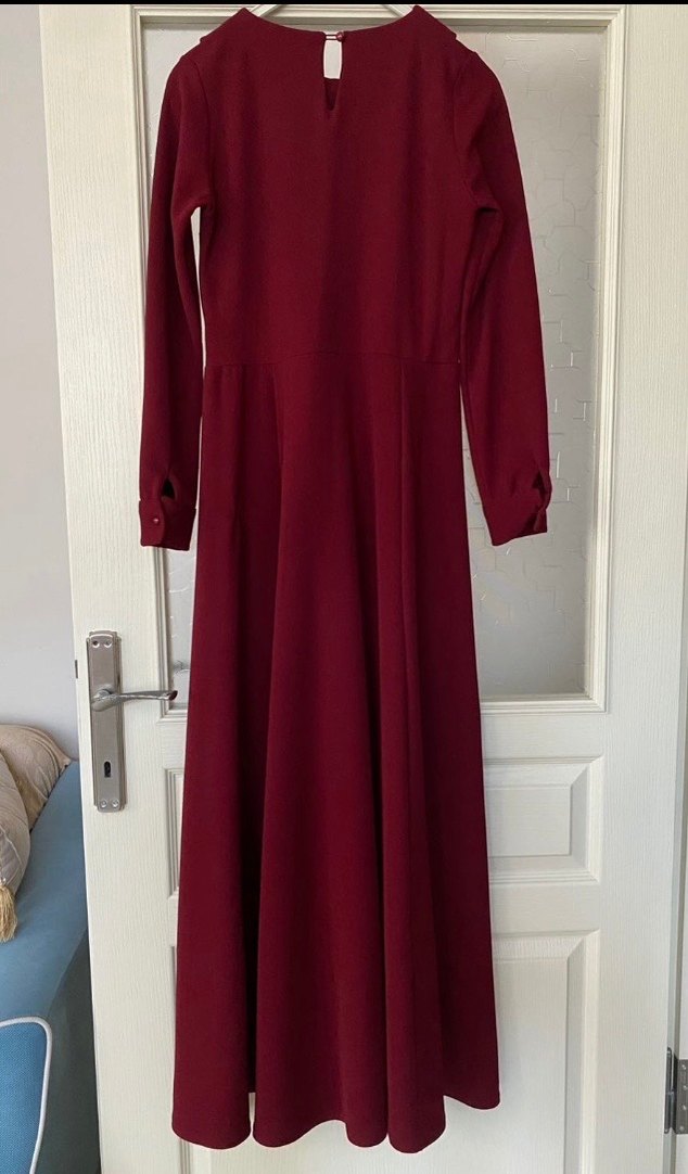 Bordo Uzun Kollu Drapeli Uzun Elbise - Görsel 3