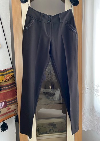 Kadın Siyah Bel Detaylı Kumaş Pantolon - Görsel 5