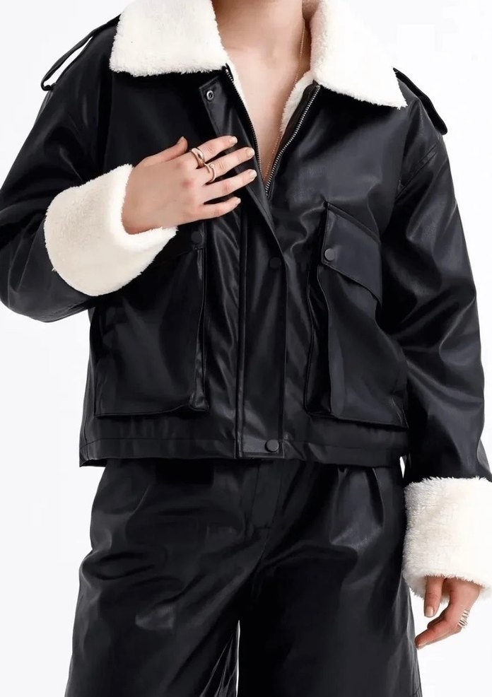 Siyah Deri Kürklü Rahat Kesim Ceket - Görsel 2