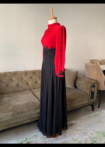 Uzun Kollu, Nakışlı, Kırmızı Kadın Elbise - Görsel 3