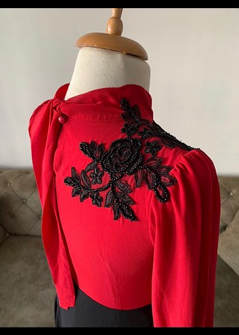 Uzun Kollu, Nakışlı, Kırmızı Kadın Elbise - Görsel 4