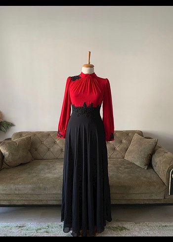 Uzun Kollu, Nakışlı, Kırmızı Kadın Elbise - Görsel 2