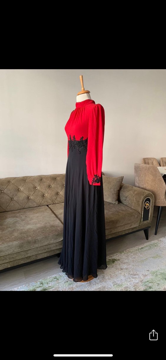 Uzun Kollu, Nakışlı, Kırmızı Kadın Elbise - Görsel 3