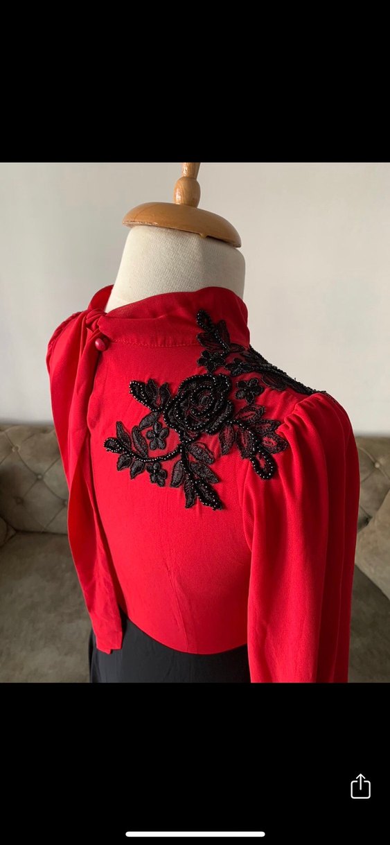 Uzun Kollu, Nakışlı, Kırmızı Kadın Elbise - Görsel 4