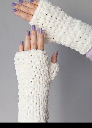 Beyaz Bohem Örgü Parmaksız Eldiven - Görsel 2