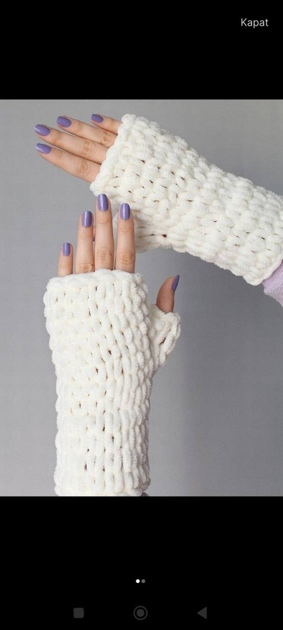 Beyaz Bohem Örgü Parmaksız Eldiven - Görsel 2