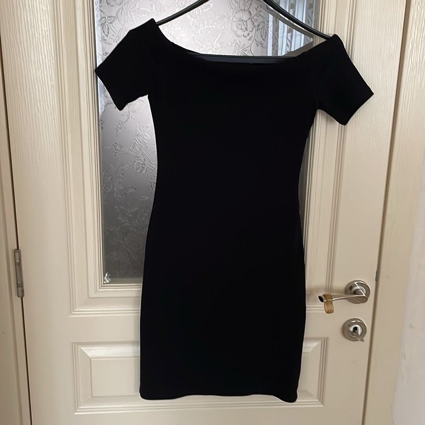 Siyah Mini Elbise, Kısa Kollu, Tek Renk - Görsel 2