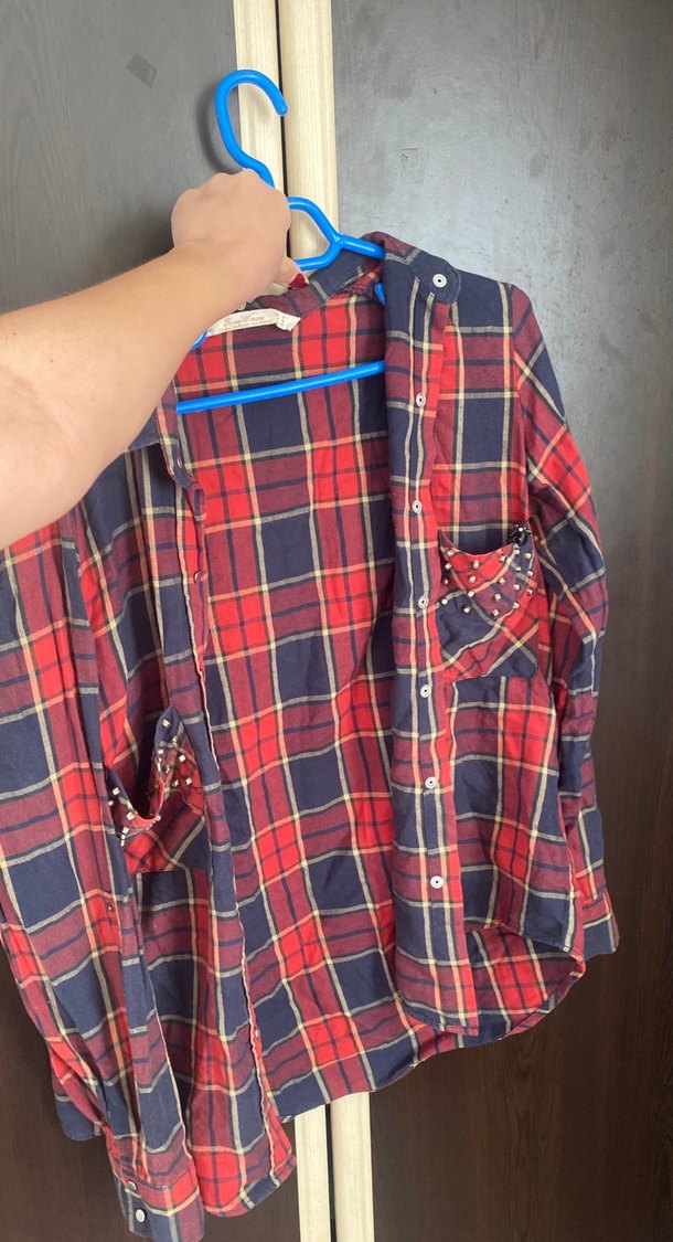 Kadın Kırmızı Ekose Düğmeli Gömlek - Görsel 2
