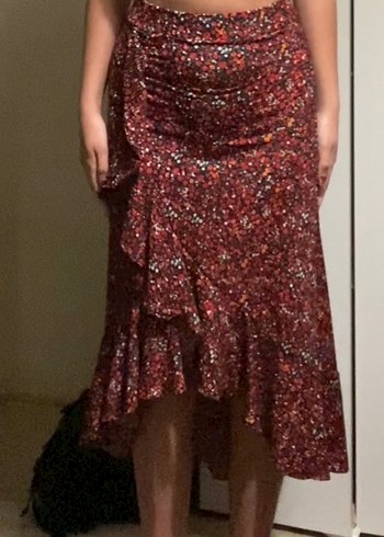 Bordo Drapeli Bohem Midi Etek - Görsel 2