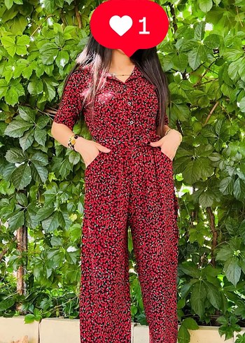 Kadın Kırmızı Desenli Kemerli Tulum - Görsel 3