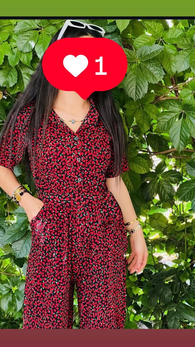 Kadın Kırmızı Desenli Kemerli Tulum - Görsel 2