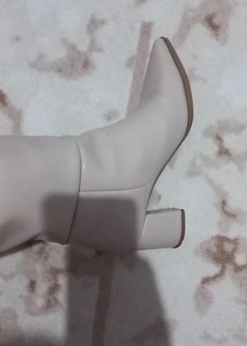 Bej Kadın Dizüstü Deri Çizme Stiletto Topuk - Görsel 6