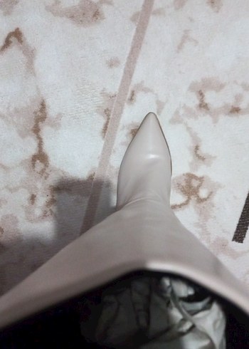 Bej Kadın Dizüstü Deri Çizme Stiletto Topuk - Görsel 5