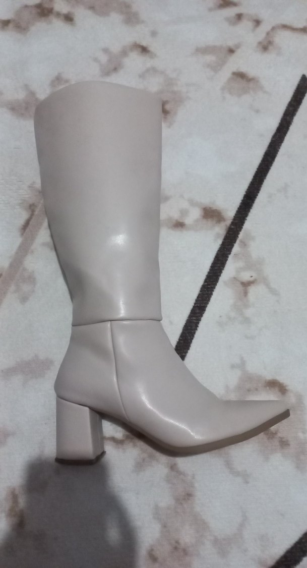 Bej Kadın Dizüstü Deri Çizme Stiletto Topuk - Görsel 2