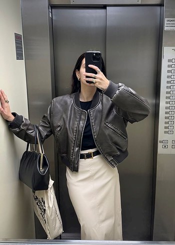 Kadın Gri Deri Bel Detaylı Ceket - Görsel 2