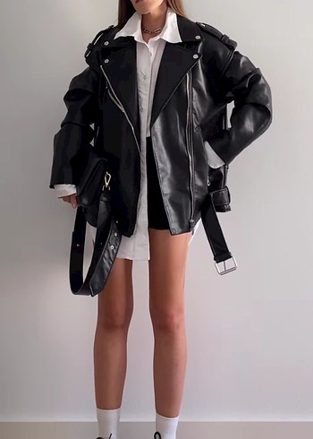 Kadın Siyah Deri Biker Ceket - Görsel 4