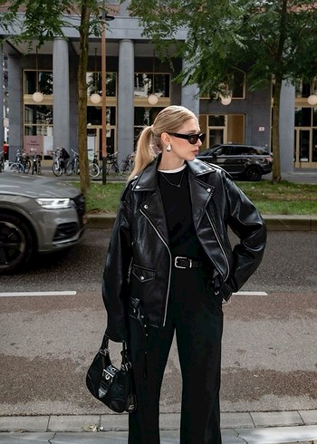 Kadın Siyah Deri Biker Ceket - Görsel 3