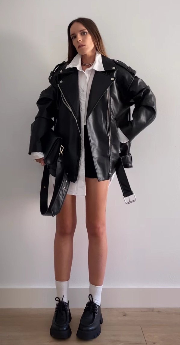 Kadın Siyah Deri Biker Ceket - Görsel 4