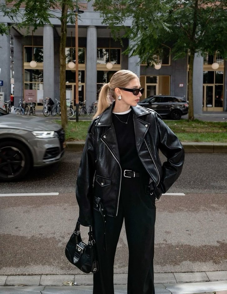 Kadın Siyah Deri Biker Ceket - Görsel 3