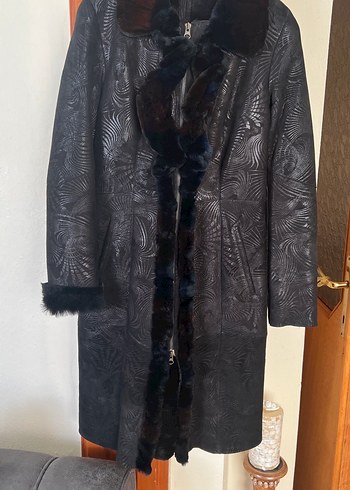 Kahverengi Desenli Uzun hakiki Deri Kürklü Kadın Kaban - Görsel 6