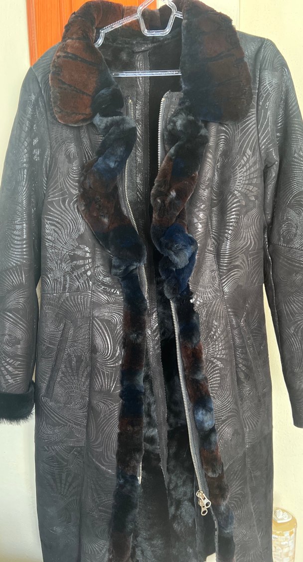 Kahverengi Desenli Uzun hakiki Deri Kürklü Kadın Kaban - Görsel 2