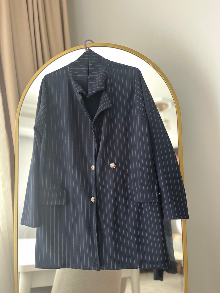 Çizgili Lacivert Uzun Kollu Kadın Blazer alt üst takım - Görsel 2