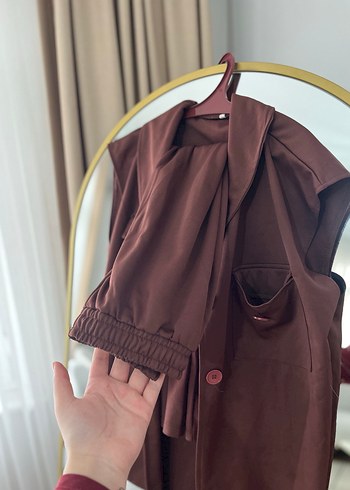 Kahverengi Süet Mini Kadın Yelek Ceket takım - Görsel 2