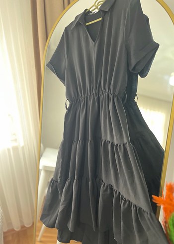 V Yaka Siyah Midi Renkli Elbise - Görsel 2