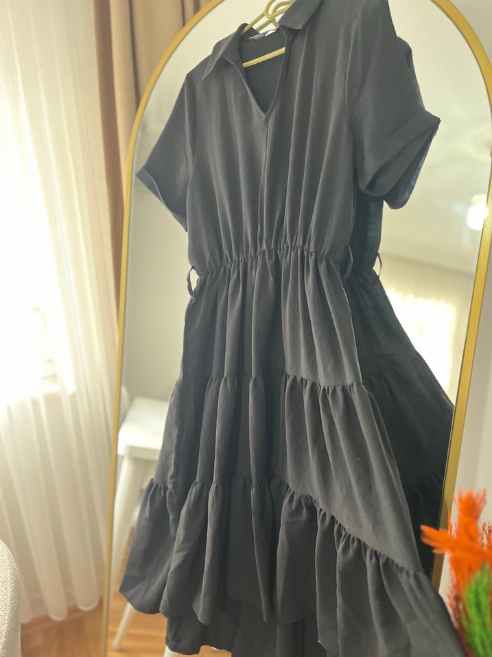 V Yaka Siyah Midi Renkli Elbise - Görsel 2