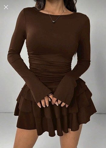 Kahverengi Fırfırlı Uzun Kollu Mini Elbise - Görsel 3