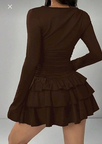 Kahverengi Fırfırlı Uzun Kollu Mini Elbise - Görsel 4
