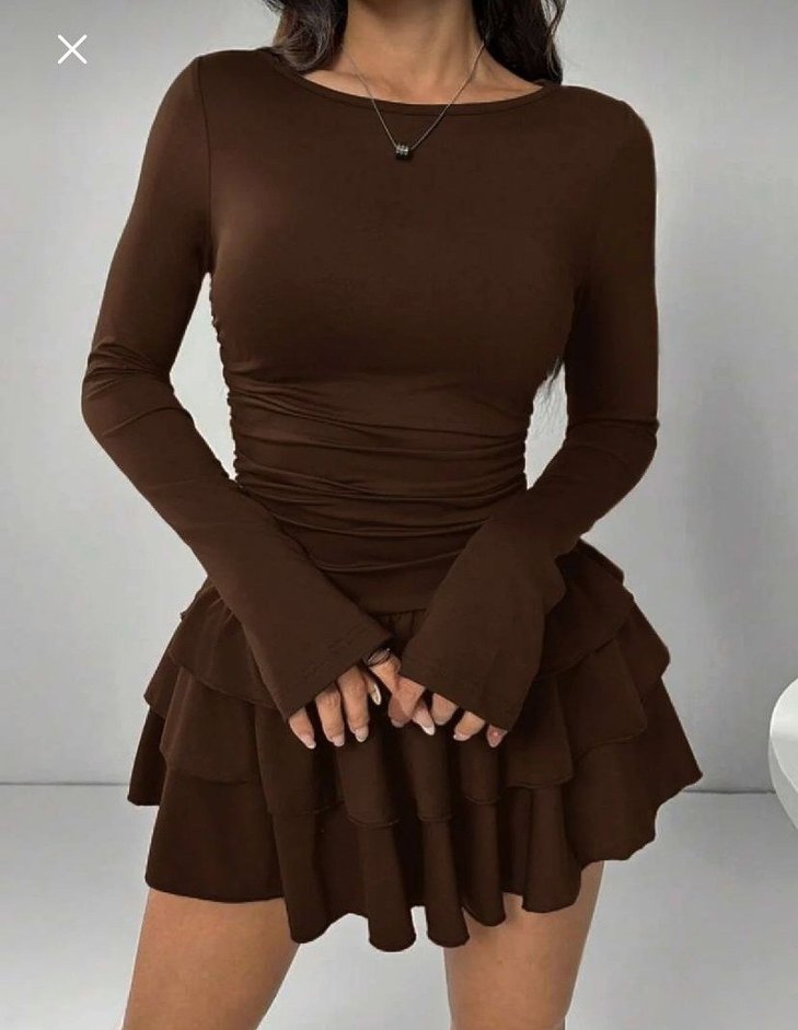 Kahverengi Fırfırlı Uzun Kollu Mini Elbise - Görsel 3