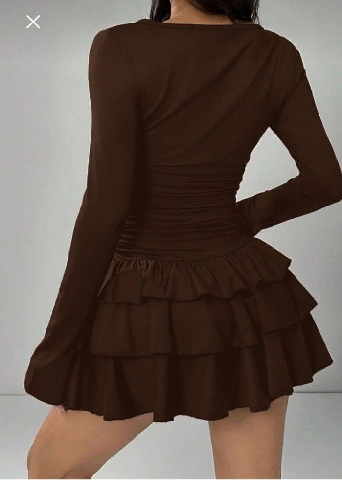 Kahverengi Fırfırlı Uzun Kollu Mini Elbise - Görsel 4