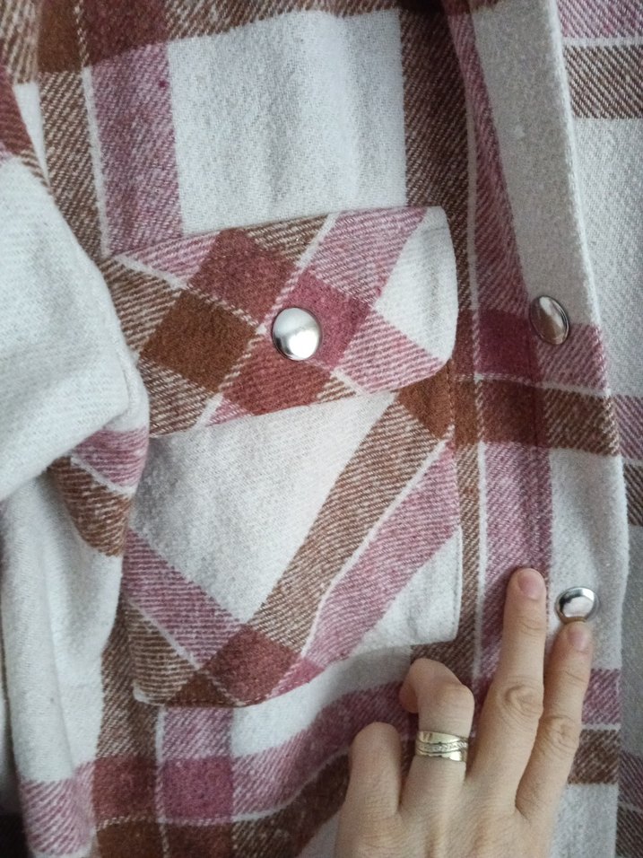 Düğmeli Bej Ekose Pamuk Gömlek - Görsel 3