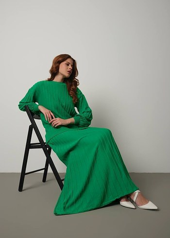 Yeşil Pilili Uzun Triko Elbise - Görsel 2