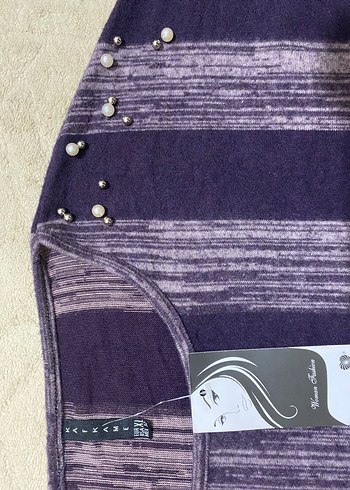 Kadın Mor Çizgili Uzun Triko Kazak - Görsel 2