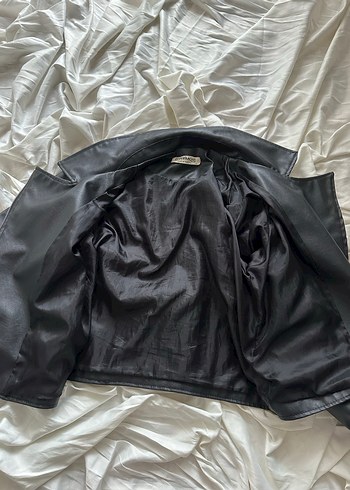 Siyah Deri Biker Ceket, Bol Kesim, Mini Boy - Görsel 4