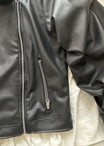 Siyah Deri Biker Ceket, Bol Kesim, Mini Boy - Görsel 3