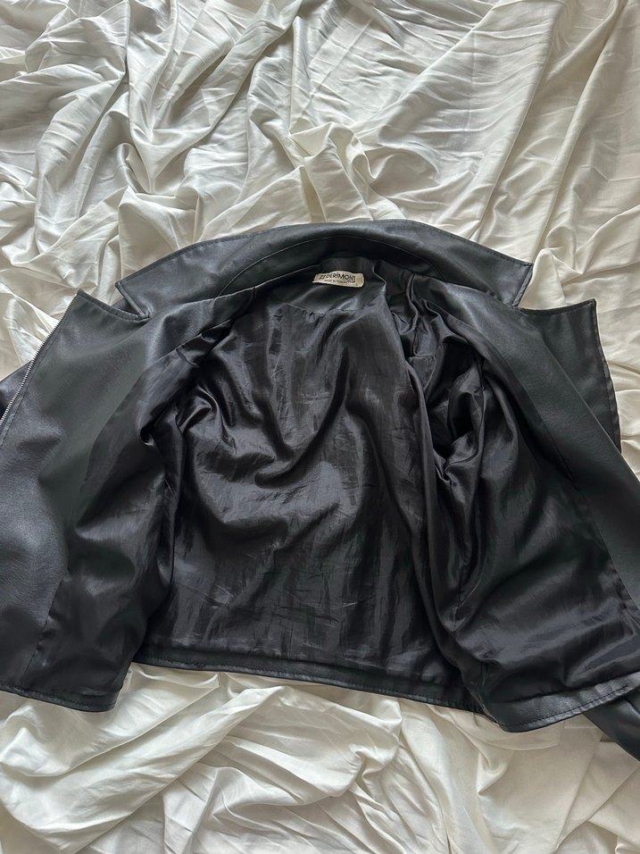 Siyah Deri Biker Ceket, Bol Kesim, Mini Boy - Görsel 4