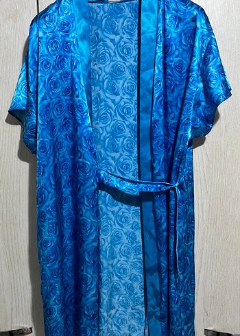 Mavi Bağlama Desenli Uzun Kadın sabahlık - Görsel 2